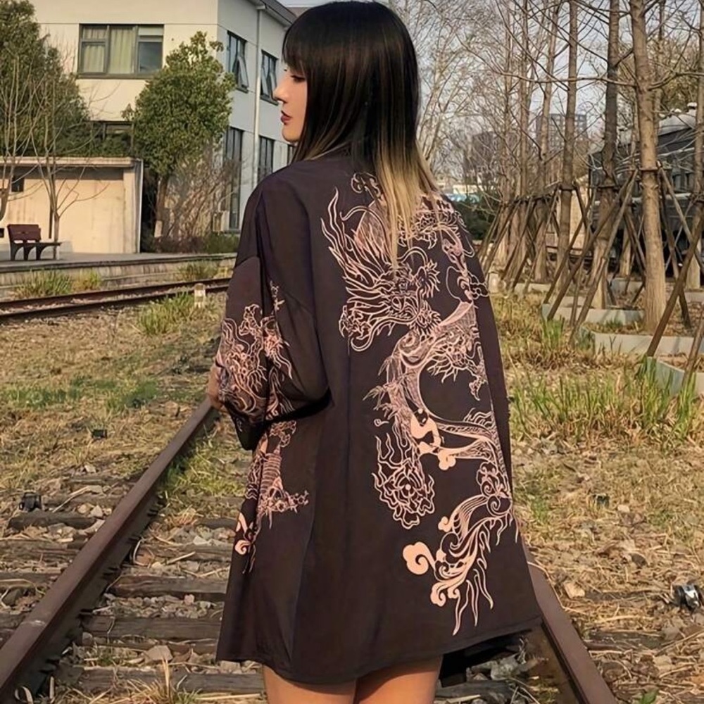 Black Dragon Print Oversized Shirt